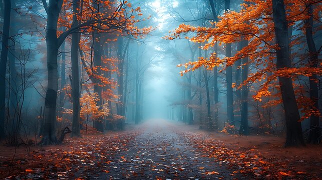Fototapeta Road in mystical foggy forest in blue fog in autumn nature background scenery AI generated