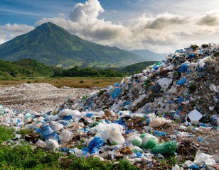 A pile of garbage in a landfill symbolizes waste abundance, reflecting concerns about biohazards, global warming, and ecosystem health. Generated with AI