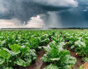 Fresh leaves and young sugar beet sprouts are growing in the field under the rain. Generated with AI