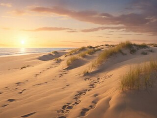 Sand dunes on the beach at sunset. Generated with AI