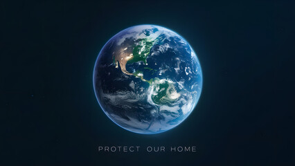 close up of the Earth with the words Protect Our Home written below it. Concept of responsibility and care for the planet, earth day concept, generative ai