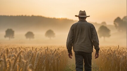 A farmer walks through a field of wheat at dawn. Generated with AI