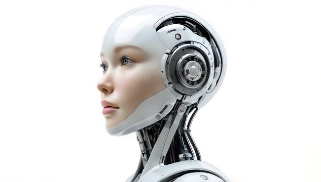 Ultra realistic full face female robot, Artificial intelligence concept on white background, side view with space for text
