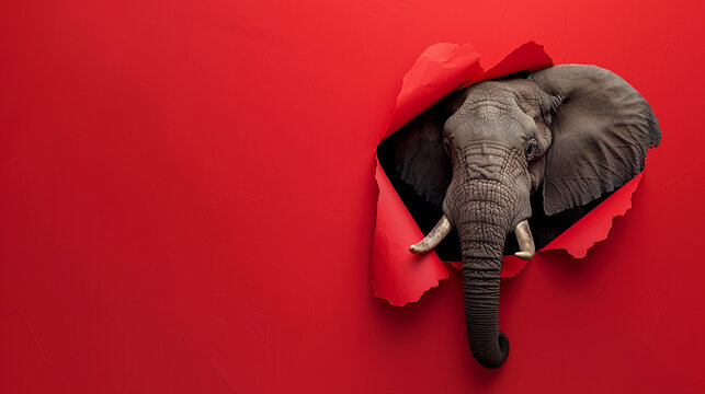 A elephant peeking through the hole in red paper, copy space concept on solid background , photorealistic