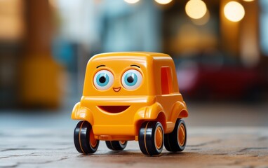 A yellow toy truck with eyes and a smile, radiating happiness and playfulness - obrazy, fototapety, plakaty
