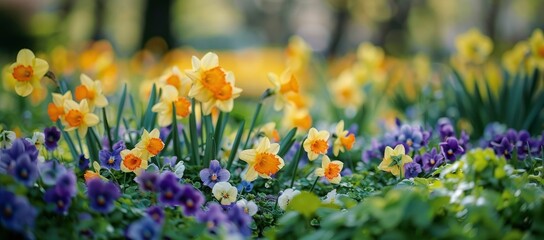 Daffodils and violet with all of the yellow and purple flowers in the garden