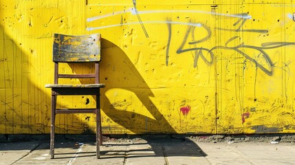 A simple wooden chair against a bright yellow graffiti-covered wall