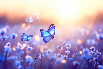 Butterfly and blue flowers. Beautiful blurred spring nature background with blooming meadow and blue sky on a sunny day. Abstract summer nature background.
 - obrazy, fototapety, plakaty