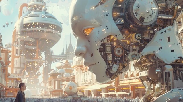 A futuristic cityscape with a large robot in the center. The robot has a human face and is surrounded by buildings and people. The scene is set in a busy city with a lot of activity