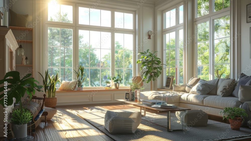 Wall mural living room with many windows. 3d render. generative ai