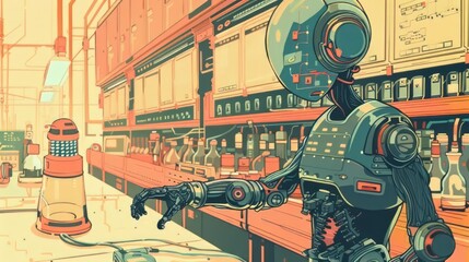 A robot is standing in front of a bar with a bottle in its hand. The robot is wearing a black suit and has a robotic arm. The bar is filled with bottles and a cup