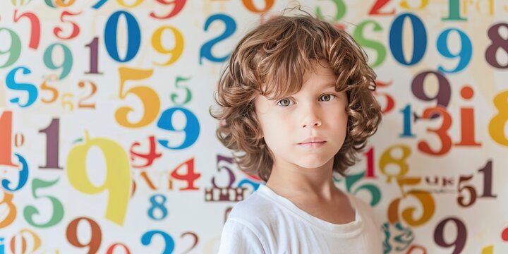 little child standing infront of a colourful number painted wall