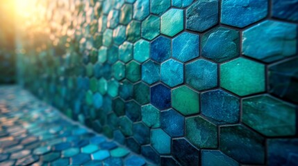   A tight shot of a blue and green hexagonal tiled wall, sun glaring behind - obrazy, fototapety, plakaty
