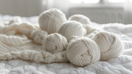 Fototapeta na wymiar Close-up shot of neatly arranged yarn skeins on a plush mattress, evoking a sense of tranquility and creativity