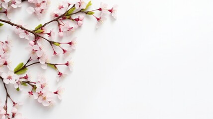 Blossoming Cherry Tree Branches Flowers on White Background - obrazy, fototapety, plakaty