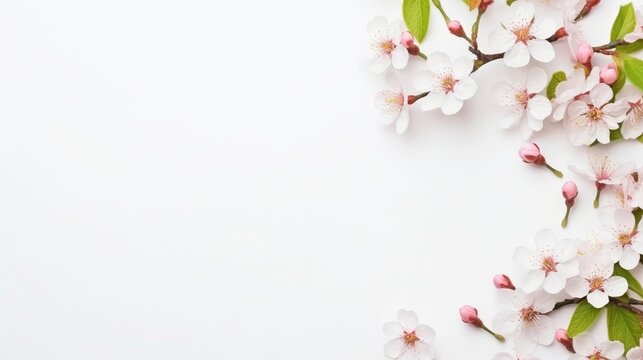 Blossoming Cherry Tree Branches Flowers on White Background