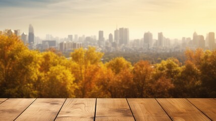 Naklejka na ściany i meble The empty wooden table top with blur background of nature skyline in autumn. Exuberant image. generative AI