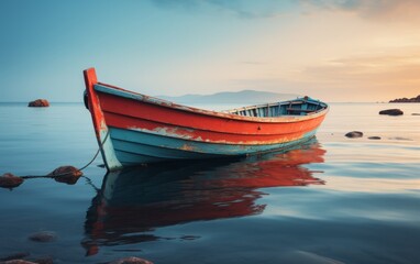 A small boat peacefully rests atop the calm water - Powered by Adobe
