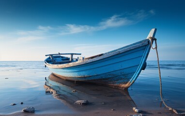 A blue boat peacefully rests upon a sandy beach under the soft rays of the sun