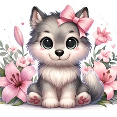 Fototapeta na wymiar A captivating illustration of a gray husky puppy with a pink bow, set among blooming flowers.