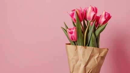 a pink backdrop with a bouquet of tulips wrapped in kraft paper