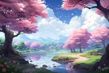 Rolgordijnen A picturesque digital painting of cherry blossom trees in full bloom by a tranquil river, with petals gently falling in the soft breeze. Cherry Blossoms by a Serene Riverside Landscape. © ruchuda