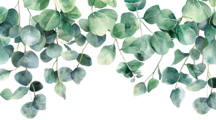 Watercolor Hand-Painted Green Floral Banner, Border of Leaves and Branches on White Background - obrazy, fototapety, plakaty