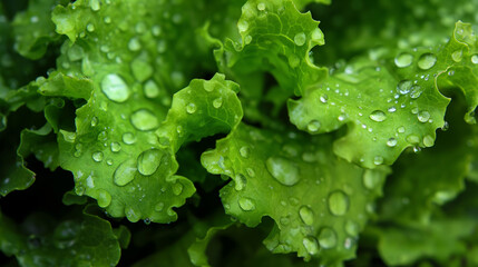 Zbliżenie na listki zielonej sałaty pokryte kroplami wody
