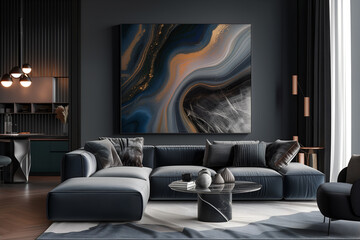 Modern contemporary living room interior in dark colors with a blue marble painting on the wall. Interior design visualization