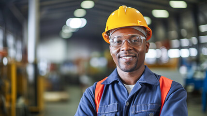 Portrait of african american industrial worker man working in manufacturing plant.
