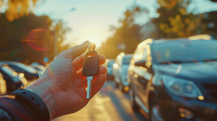 Person's hand presents car keys, blurred cars parked in background during sunset.