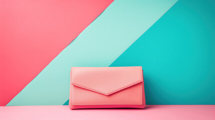 Stylish coral clutch bag on a geometric pink and turquoise background.