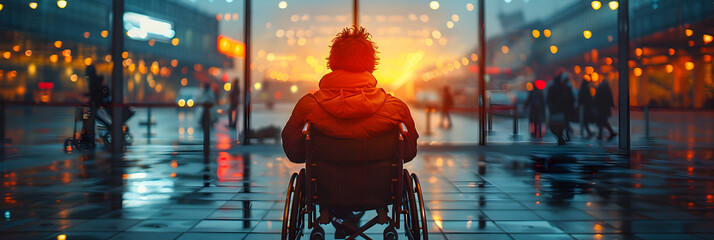  Accessibility of the handicap person in public places ,
A young man with limited mobility moves freely through an airport terminal an adult man