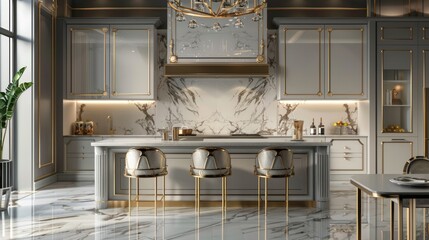 Luxury kitchen interior with new stylish furniture, white marble countertops. 3d render. Generative AI