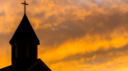 A tranquil photograph of a church steeple against a vibrant sunset sky, evoking a sense of spiritual peace


