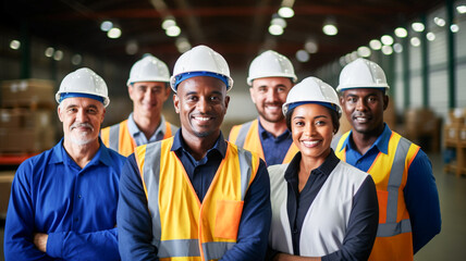 Group portrait of diverse multiethnic staff at distribution warehouse. 

