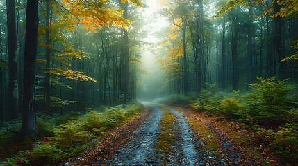 Obraz premium Beautiful Path in the Foggy forest with Sunset trough the trees nature background AI generated