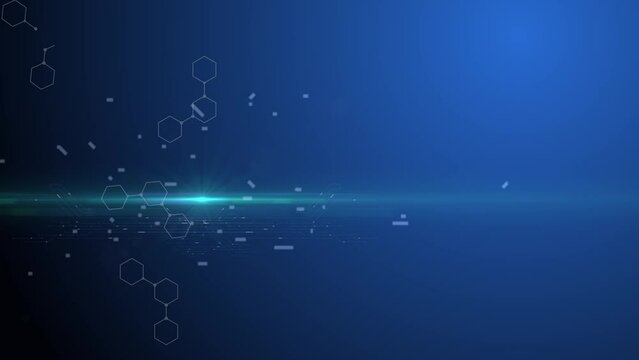 Abstract animated tech background. Flickering point of light with rays and moving electrons in an AI chip on a blue background with a broken cellular network. Cg.