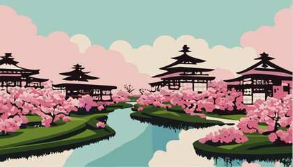 Fototapeta premium Japanese garden with cherry blossoms or sakura and lake with mountains