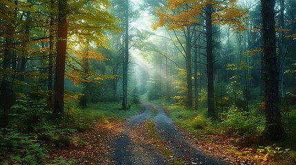 Fototapeta premium Beautiful Road in the Misty forest with Sunset trough the trees nature landscape AI generated
