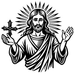 Fototapeta na wymiar jesus hand drawn ink with christianity symbol 