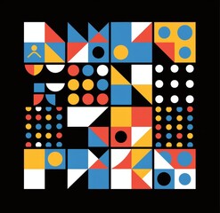 retro futuristic square poster in Y2K style made in minimalistic style on black background with geometric shapes, retro color palette