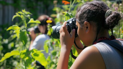 Fototapeta premium Teen Photographers Exploring Wonders of Nature in Garden
