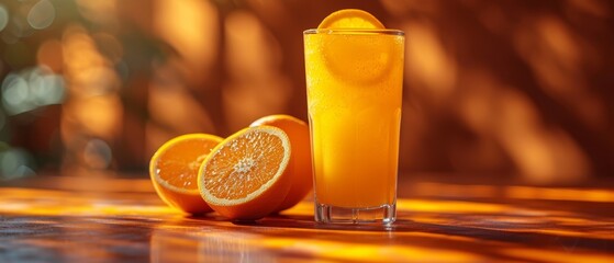   A glass of orange juice adjacent to an orange slice and a quarted orange on a table, backdrop softly unfocused