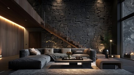 Modern interior of a living room. Penthouse Loft with dark stone walls. 3D rendering. Generative AI - obrazy, fototapety, plakaty