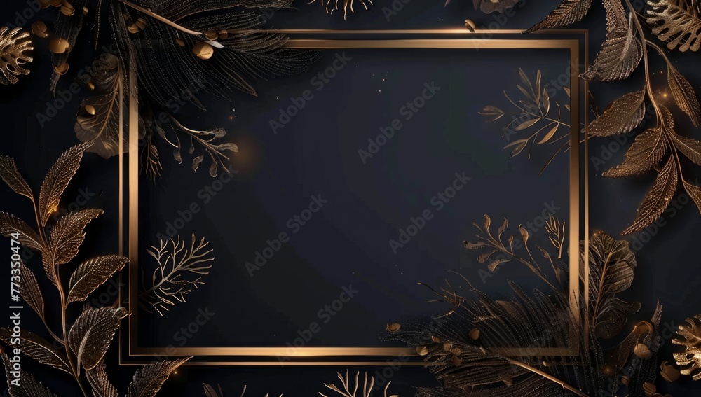 Poster dark gold frame background with golden decoration, elegant and simple style generative ai