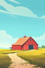 Farmhouse in green field. Simple illustration. Agriculture industry concept. Farming lifestyle, farmland. Design for banner, poster with copy space