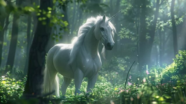 Beautiful white unicorn walks through forest. Magical animal from fairy tale. Magic creature with horn. Mystical wild horse from children fairytale. Green wood. Cute fantastical art illustration.