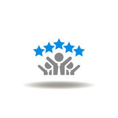 Vector illustration of business people group hands up gesture and five stars. Icon of NPS Net promoter score. Symbol of satisfaction.