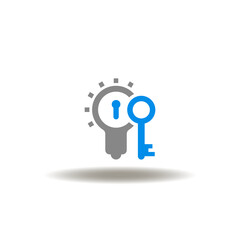 Vector illustration of lightbulb with keyhole and key. Icon of intellectual property. Symbol of patent idea, copyrights.